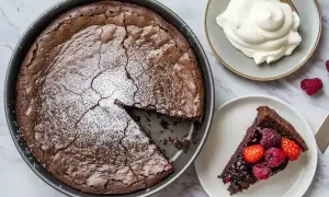 Enkel tårta med choklad och bär, pudrad med florsocker. En bit serveras med vispad grädde och färska bär.