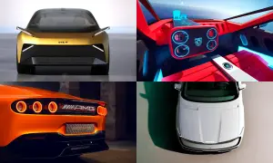 Koncepcje przerabiania samochodów na napęd elektryczny: złoty Kia, futurystyczne wnętrze Peugeot, pomarańczowy sportowy tył AMG i biała Skoda.