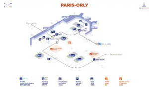 Plan de liaison Orly-Paris : navettes, tramway T7, Orlyval, RER B, bus, taxis, parkings et hôtels.