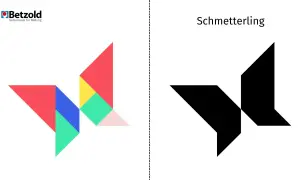Bunte Tangram-Teile ergeben links einen Schmetterling, rechts die schwarze Tangram vorlage.
