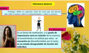 Cerebro con engranajes, mujer pensativa y flores. Explica la disonancia cognitiva como un estado de tensión por inconformidad.