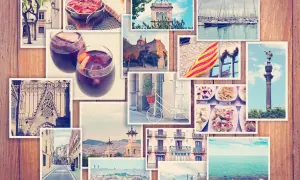 Kolaż wspomnień z Barcelony: sangria, zabytki, urokliwe uliczki i widok na morze.