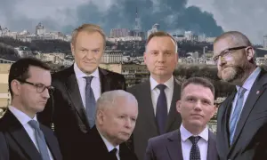 Polityka zagraniczna PiS wobec Ukrainy i Rosji. Liderzy PiS na tle dymiącego Kijowa.