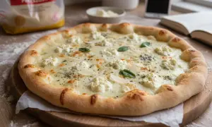 Une délicieuse pizza 4 fromage recette, prête à être dégustée. Ses fromages fondants et sa pâte dorée invitent à la gourmandise.
