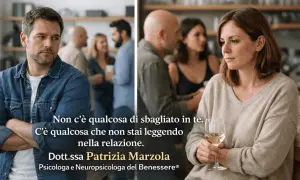 Uomo pensieroso, donna con bicchiere di vino. Il testo suggerisce come superare una brutta figura: "Non c'è qualcosa di sbagliato in te. C'è qualcosa che non stai leggendo nella relazione.