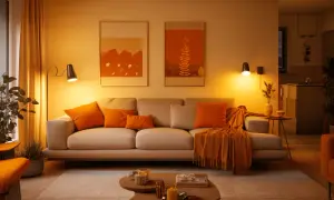 Gemütliches Wohnzimmer mit Sofa, Kissen und Decke in warmer, orange Farbe. Zwei Bilder mit orangefarbenen Motiven hängen an der Wand.