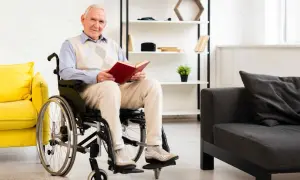 Anziano sorridente in carrozzina, circondato da ausili medici e arredi moderni, legge un libro.