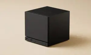 Schwarzer Würfel-PC mit USB-Anschlüssen, bereit für den Steam Machine Release.