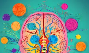 Cerveau coloré avec des vaisseaux sanguins et des cercles vibrants, symbolisant la manière de réguler son système nerveux.
