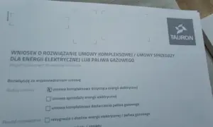 Wniosek o rozwiązanie umowy kompleksowej dla energii elektrycznej lub paliwa gazowego z Tauron.