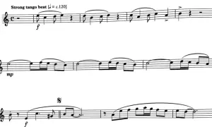 Fragment nut z zaznaczonym tempem tanga i dynamiką forte i mezzo piano.