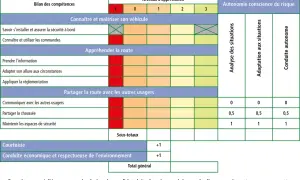 Grille d'évaluation pour un permis poids lourd, détaillant les compétences à maîtriser et les niveaux d'appréciation.