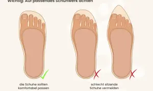 Passende Schuhe sind wichtig, um Druckstellen am Zeh zu vermeiden. Links ein Fuß im gut sitzenden Schuh, rechts Füße in zu engen Schuhen.