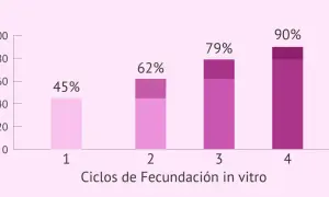 Gráfico muestra que la probabilidad de quedar embarazada aumenta con cada ciclo de FIV: 45% (1er ciclo), 62% (2do), 79% (3ro) y 90% (4to).