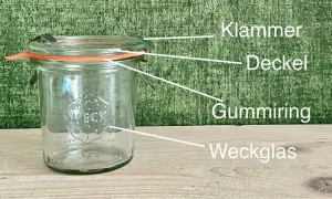 Ein Weckglas mit Klammer, Deckel und Gummiring. Perfekt für die Einkochzeiten Tabelle Weck.