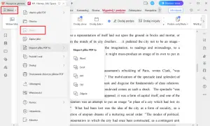 Menu "Zapisz" pozwala na edycję PDF. Wybierz opcję "Eksport pliku PDF to", aby przekonwertować dokument.