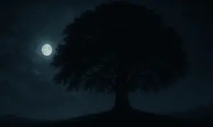 Nocny krajobraz z księżycem i drzewem. Melancholijny nastrój, jak w "The Hanging Tree" Jamesa Newtona Howarda.