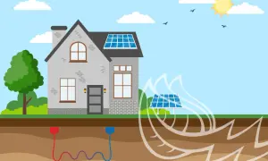 Casa con paneles solares y sistema de geotermia que es, aprovechando la energía del sol y la tierra para un hogar sostenible.