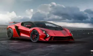 Czerwony Lamborghini Aventador na mokrej nawierzchni, z burzowymi chmurami i wirującym tornado w tle.