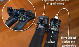 Jämförelse av torkarblad för Volvo S60 III / V60 II. Bosch Aerotwin utan värme, Volvo Original med värme och el-kontakt.