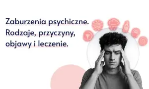 Mężczyzna z zaburzeniami psychicznymi, trzymający się za skronie. Wokół jego głowy symbole symbolizujące różne stany emocjonalne i problemy.