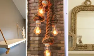 Estantería, lámpara y espejo decorados con cuerda. Ideas de manualidades con cuerda para un estilo rústico y acogedor.