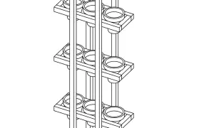 Ilustracja techniczna pionowego kwietnika z kilkoma półkami i doniczkami.