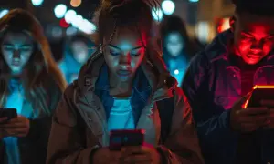 Młodzi ludzie pogrążeni w ekranach telefonów, doświadczający nomofobii w nocnym mieście.
