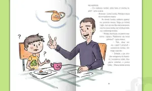 Ojciec uspokaja płaczącą córkę, pokazując jej, jak radzić sobie z emocjami. Mówi, że przytulenie mamy pomoże.