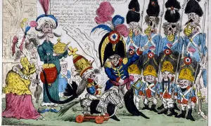 Le roi de Rome 1811, jeune prince sur un jouet, passe en revue des soldats caricaturaux. Une scène satirique de la cour impériale.