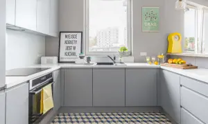 Nowoczesna, bardzo wąska kuchnia w bloku. Szare meble, biały blat, okno z widokiem na budynki. Na ścianie plakat z wzorem chemicznym kofeiny.