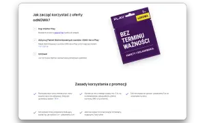 Karta Play z napisem "BEZ TERMINU WAŻNOŚCI" i informacją o pakietach. Oferta zapewnia bezterminowa ważność konta Play.