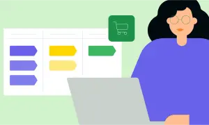 Mujer gestionando un ecommerce con un crm. Icono de carrito de compras y tablero visual.