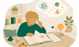 Pojke med tankar om rymden och geometri, kanske en illustration av adhd gradering. En fidget spinner ligger på bordet.