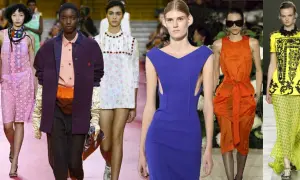 Kolekcja z fashion week: różowa sukienka w kropki, fioletowa marynarka, biała sukienka w kwiaty, niebieska sukienka, pomarańczowa kreacja i żółta sukienka z czarnym wzorem.