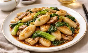 Gnocchi di riso saltati con verdure e funghi in salsa agrodolce, guarniti con semi di sesamo.