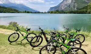 Biciclette verdi pronte per un'avventura sul lungolago di Riva del Garda, con montagne maestose sullo sfondo.