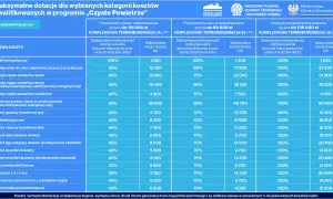 Tabela dotacji na audyt energetyczny i termomodernizację w programie "Czyste Powietrze". Maksymalne kwoty dofinansowania dla różnych źródeł ciepła.