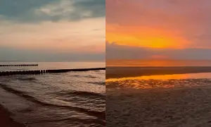 Zwei Hälften eines Sonnenuntergangs an den Nordseeinseln. Links sanfte Wellen und Buhnen, rechts glitzernder Sand und ein feuriger Himmel.