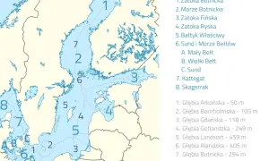 Mapa Bałtyku z zaznaczonymi głębokościami. Średnia głębokość Bałtyku jest zróżnicowana, od płytkich zatok po głębsze obszary.