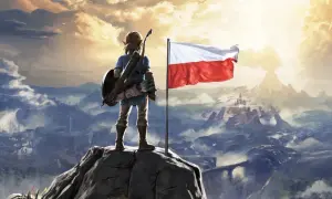 Link z tarczą i łukiem na szczycie góry, obok polska flaga. Widok na górzysty krajobraz z zamkiem w oddali. Zelda po polsku.