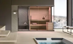 Un lussuoso mini spa in casa con sauna e doccia, affacciato su un paesaggio invernale innevato.