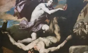 Apollo, zwycięzca w muzycznym pojedynku, okrutnie karze Marsjasza, który leży przywiązany do drzewa.