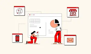 Ilustración que muestra cómo funciona una tienda online: personas interactuando con gráficos, un globo terráqueo, un móvil, una tienda y un email.
