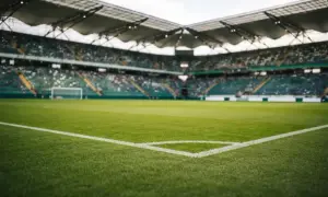 Pusta trybuna stadionu, zielona murawa i narożnik boiska. Czekamy na emocje w baraze 2 liga.