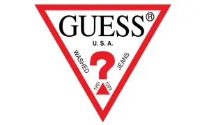 Logo Guess, znanej firmy z USA, z charakterystycznym czerwonym trójkątem i znakiem zapytania.