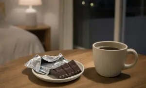 Tavoletta di cioccolato e tazza di caffè su un tavolo di legno. Ricorda che il caffè fa male al fegato, meglio godersi il cioccolato con moderazione.