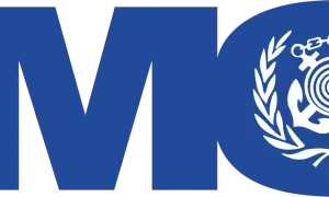 Logo der International Maritime Organization (IMO) mit den Buchstaben IMO und einem Emblem aus Anker, Kette und Lorbeerzweigen.