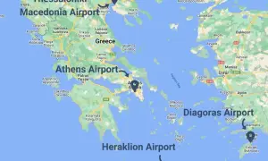 Główne lotniska w Grecji: Macedonia Airport, Athens Airport, Diagoras Airport, Heraklion Airport.