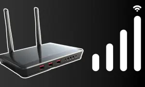 Router Wi-Fi z antenami i ikoną zasięgu sygnału.